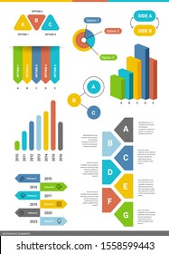 Vector set of graphic template of different type of data chart on white background. Business infographics element with text. Flat style design for web, site, banner, presentation, report