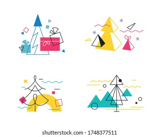 Vector set of graphical color Christmas tree and New Year mini illustrations.