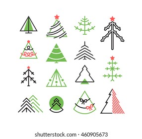 Vector set of graphical color Christmas and New Year tree icons, signs, symbols. Geometrical spruce logotypes. 