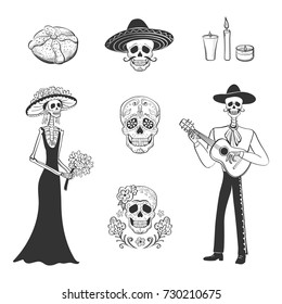 Vector set of graphics "Day of the Dead". Hand drawings on a white background. 