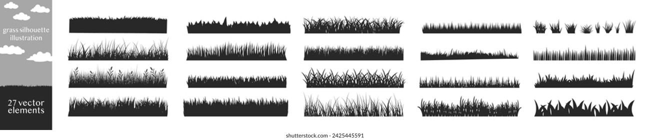 Vector set of grass silhouettes isolated on white background. Natural, eco, bio, organic