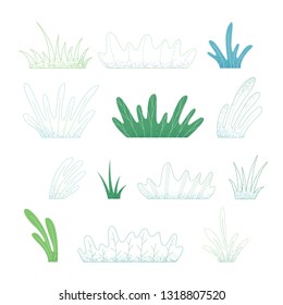 Vector set of grass for your design. Summer design elements isolated on white background. Filled and outlined. Flat nature illustration.