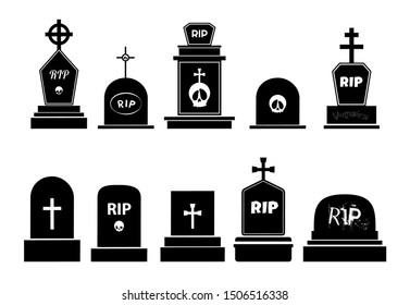 Vector set of gravestones silhouettes for Halloween design. Transparent background