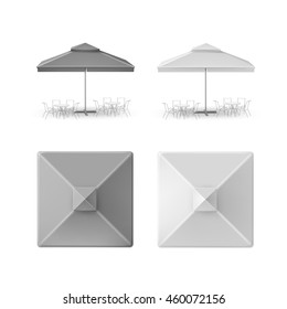 Vector Set of Gray Blank Outdoor square Umbrella Parasol for Branding Top Side Front View Mock Up Isolated on White Background