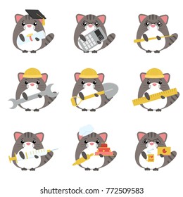 Vector set of gray  cats various professions: Scientist, accountant, teacher, engineer, worker, builder, doctor, baker, programmer. Cute cartoon illustration
