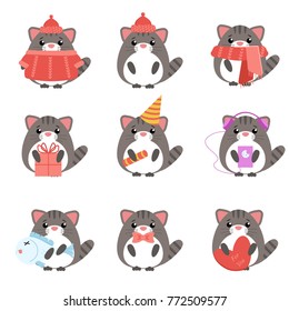 Vector set gray  cats in warm clothes with different subjects: bamboo, hat, scarf, gift, heart, bow. Cartoon cute illustration