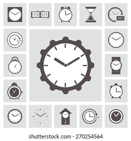 Vector set of gray clocks icons on white background