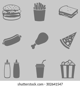 Vector Set of Gray Fast Food Icons.  Fast Food. Junk Food. Hamburger, French Fries, Sandwich, Hot Dog, Chicken, Sauces, Beverage,  Popcorn.