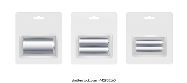 Vector Set of Gray Silver Metalic Glossy Alkaline AA, AAA, C Batteries in Transparent Gray Blister Packed for branding Close up Isolated on White Background