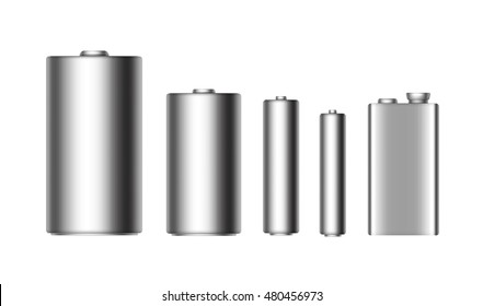 Vector Set of Gray Silver Metallic Glossy Alkaline Batteries Of Diffrent size AAA, AA, C, D, PP3 and 9 Volt Battery for branding Close up Isolated on White background