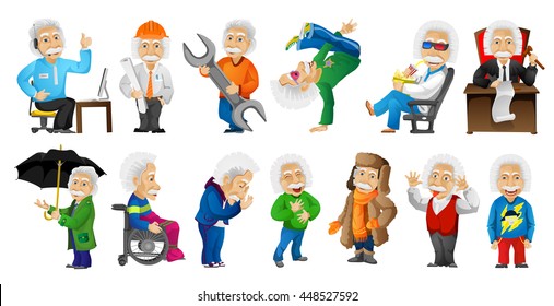 Vector set of gray-haired old man working as technical support operator, engineer, plumber, judge. Old man dancing, watching movie, showing tongue. Vector illustration isolated on white background.