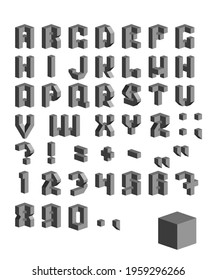 Vector set of grayscale characters. 3D isometric font. Contour alphabet. Vector letters, numbers and punctuation marks.