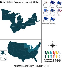 Vector set of Great Lakes region of United States with flags and map on white background