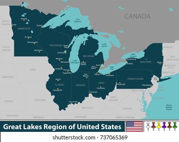Vector set of Great Lakes region of United States with neighboring states