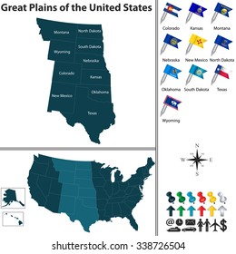 Vector set of Great Plains of the United States with flags and map on white background