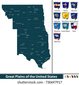 Vector Set Of Great Plains Of The United States With Flags And Map On White Background