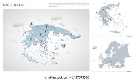 Vector set of Greece country.  Isometric 3d map, Greece map, Europe map - with region, state names and city names. 