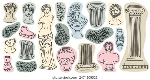 Vector set of Greek marble statues in sketch style. Antique sculpture hand drawn line set Woman body, heads, foot, olive branch, vases and columns