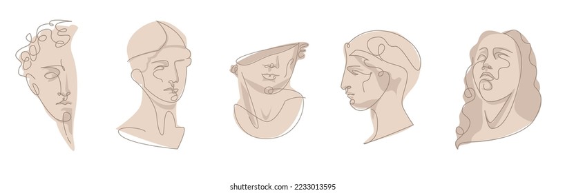 Vector set of Greek Sculptures Modern linear art, beautiful contour with shadow. vector linear illustration of ancient rome's aesthetic