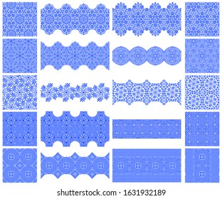 Vector set of greek seamless ornaments in blue and white. Brushes with antique patterns. For design backgrounds, borders, boarders, frames, printing on paper, textile. Brushes are included in the file
