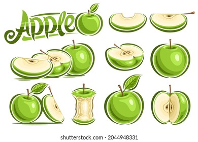 Vector set of Green Apples, lot collection of cutout illustrations whole and sliced natural apples with cartoon design leaf and stem on white background, unique brush lettering for green word apple.