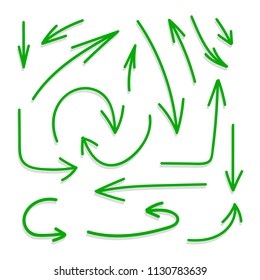 Vector Set of Green Arrows with Shadows on White Backround, Isolated Hand Drawn Icons.