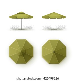 Vector Set Of Green Blank Patio Outdoor  Market Beach Cafe Bar Pub Restaurant Round Umbrella Parasol  For Branding Top Side View Mock Up Close Up Isolated On Background