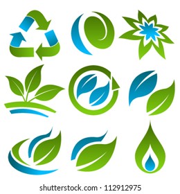 Vector set of green and blue recycling Eco icons.