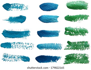 Vector set of green and blue watercolor brush strokes on rough paper