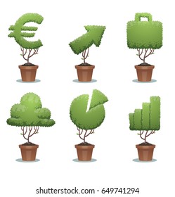 Vector Set Of Green Bonsai Trees In The Form Of Different Business Icons: Euro Sign, Arrow Up, Briefcase, Cloud, Pie Chart And Rising Chart On A White Background. Finance, Office, Nature, Gardening.