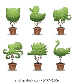 Vector set of green bonsai trees in the form of different animals: cat, duck, elephant, octopus, hedgehog and ostrich on a white background. Animals, icon, zoo, wildlife, nature, gardening. 