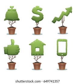 Vector set of green bonsai trees in the form of different business icons: purse, dollar sign, chart arrow up, thumb up, house and smartphone on a white background. Finance, office, nature, gardening.