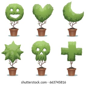 Vector set of green bonsai trees in brown pots in the form of different signs: smiley, heart, moon, sun, skull and cross on a white background. Network, icon, nature, gardening. Vector illustration.