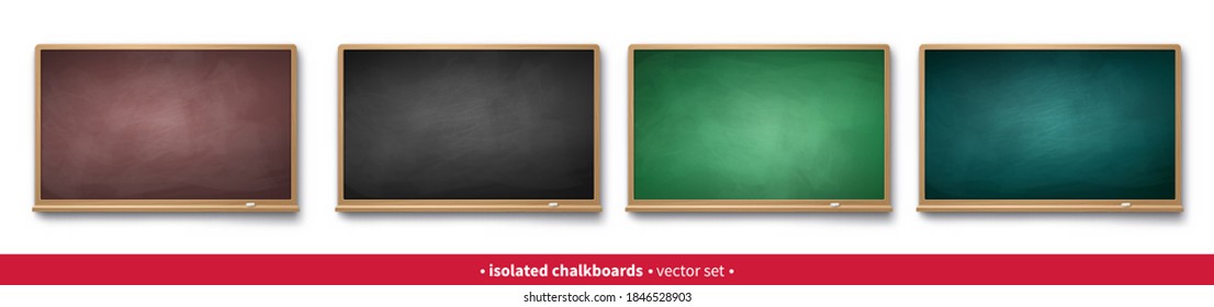 Vector set of green, brown and black horizontal chalkboards with wooden frames with piece of chalk and shadow isolated on white background.