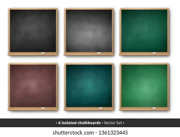 Vector set of green, brown and gray  square chalkboards with wooden frames with piece of chalk and shadow isolated on transparency background.