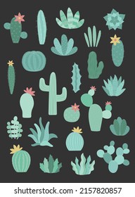 Conjunto vectorial de cactus verdes con silueta blanca sobre el fondo oscuro. Ilustración hecha a mano de un cactus al estilo escandinavo. Colección de verano para decoración, tarjeta, casa, interior, impresión, cartel, bebé