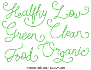 Vector set of green calligraphy Inscriptions labels for ecological organic product packiagng and advertising design