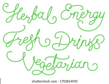 Vector set of green calligraphy Inscriptions labels for ecological vegetarian drinks packing and advertising design