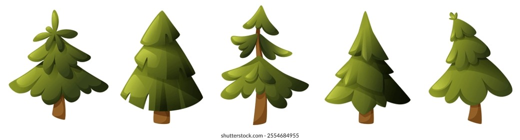 Vector set of green cartoon pines and firs of different shapes. Forest tree, pine for landscape design. Christmas tree without decorations. Clip art for children's books and educational games.