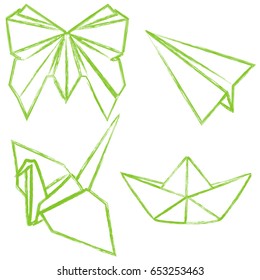Vector Set of Green Chalk Origami Art on White Background.