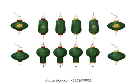 Conjunto de vectores de linternas verdes chinas con y sin ornamentos. Símbolo del Año Nuevo Chino, Festival de Mediados de Otoño y Festival Lantern. Ilustraciones de estilo de dibujos animados para composiciones y tarjetas
