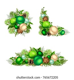 Vector set of green Christmas decorations isolated on a white background.
