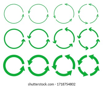 Vector Set Of Green Circle Arrows Isolated On White Background. Recycling Icon Collection. Rotate Arrow And Spinning Loading Symbol. Circular Rotation Loading Elements, Redo Process.