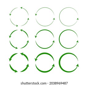 Vector set of green circle arrows isolated on white background. Rotate arrow and spinning loading symbol. Circular rotation elements, redo process.