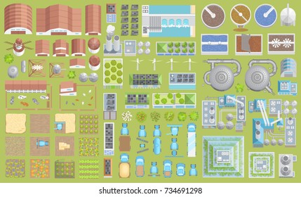 Vector set. Green city. Top view. Ecological technologies. Buildings, equipment, fields. View from above.