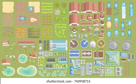 Vector set. Green city. Top view. Ecological technologies. Buildings, equipment, fields. View from above.