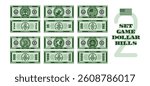 Vector set of green classic symmetrical game dollar bills. Banknotes of United States of America, denominations of 2, 25, 250, 500, 1000 and 5000 dollars. Tree, buffalo, flag and planet earth. Two