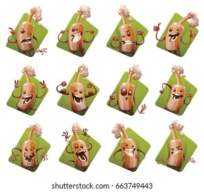 Vector set of green diamond-shaped frames with cartoon images of funny brown bottles of beer with different actions and emotions on a white background. Alcohol, party, drink. Vector illustration.