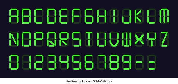 Vector Set: Green Digital Display Font with Alarm Clock Letters, Electronic Alphabet, Retro Calculator Symbols, LCD Monitor Characters, and Scoreboard Digits. svg