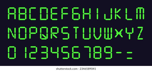 Vektorset: Green Digital Display Font mit Alarmmelbriefen, elektronischen Alphabeten, Retro Calculator-Symbolen, LCD-Monitor-Zeichen und Scoreboard-Ziffern.